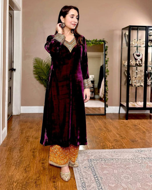 Gorgeous Maroon Velvet Sequence Work Palazzo Suit