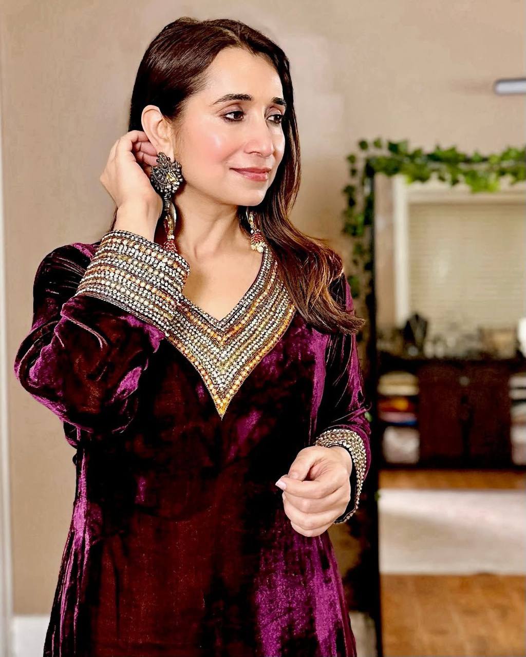 Gorgeous Maroon Velvet Sequence Work Palazzo Suit