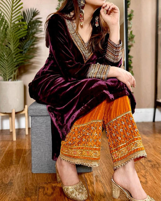 Gorgeous Maroon Velvet Sequence Work Palazzo Suit