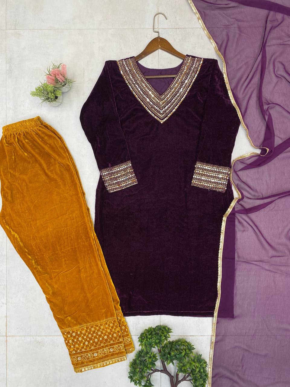 Gorgeous Maroon Velvet Sequence Work Palazzo Suit