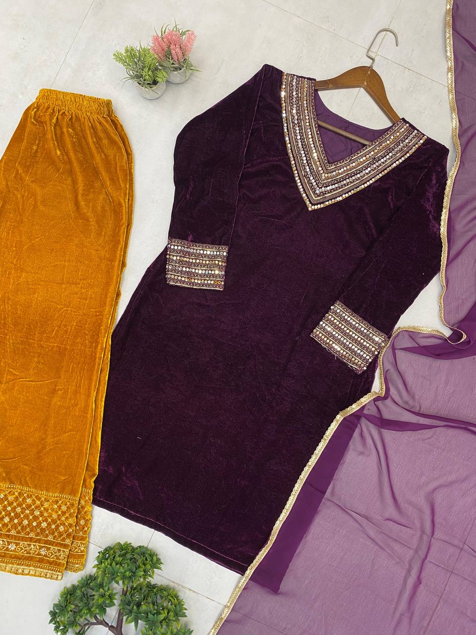 Gorgeous Maroon Velvet Sequence Work Palazzo Suit