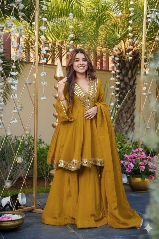 Charming Yellow Cosmos Mirror Work Sharara Suit
