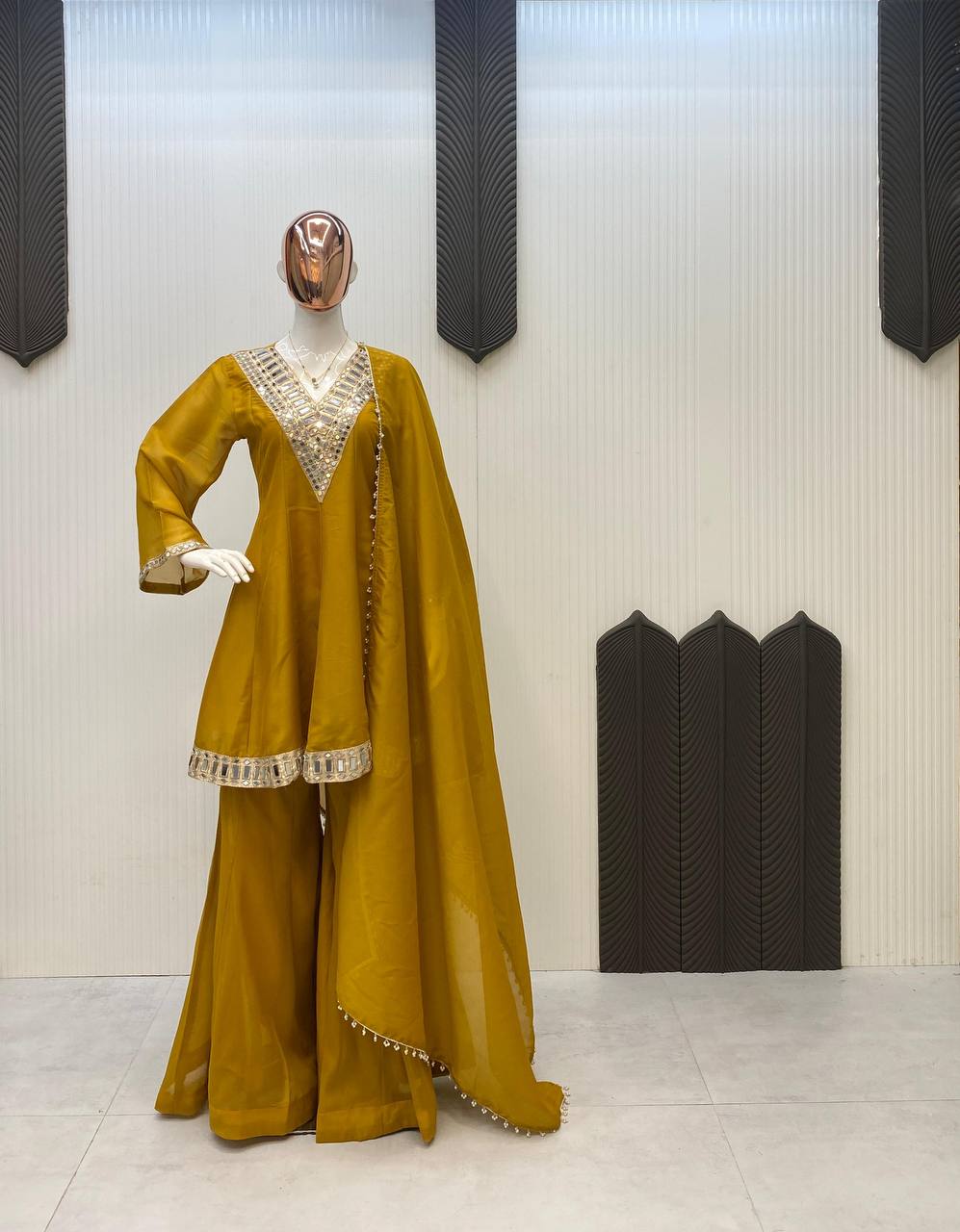 Charming Yellow Cosmos Mirror Work Sharara Suit