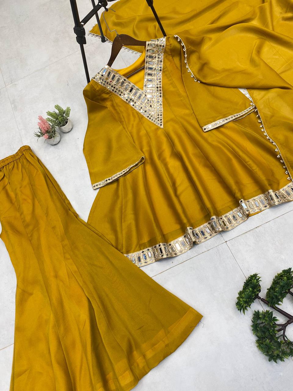 Charming Yellow Cosmos Mirror Work Sharara Suit