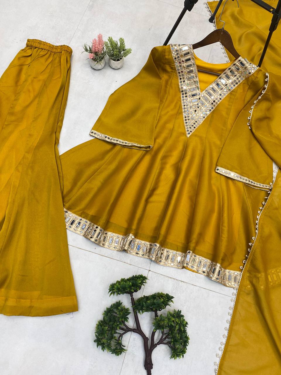 Charming Yellow Cosmos Mirror Work Sharara Suit