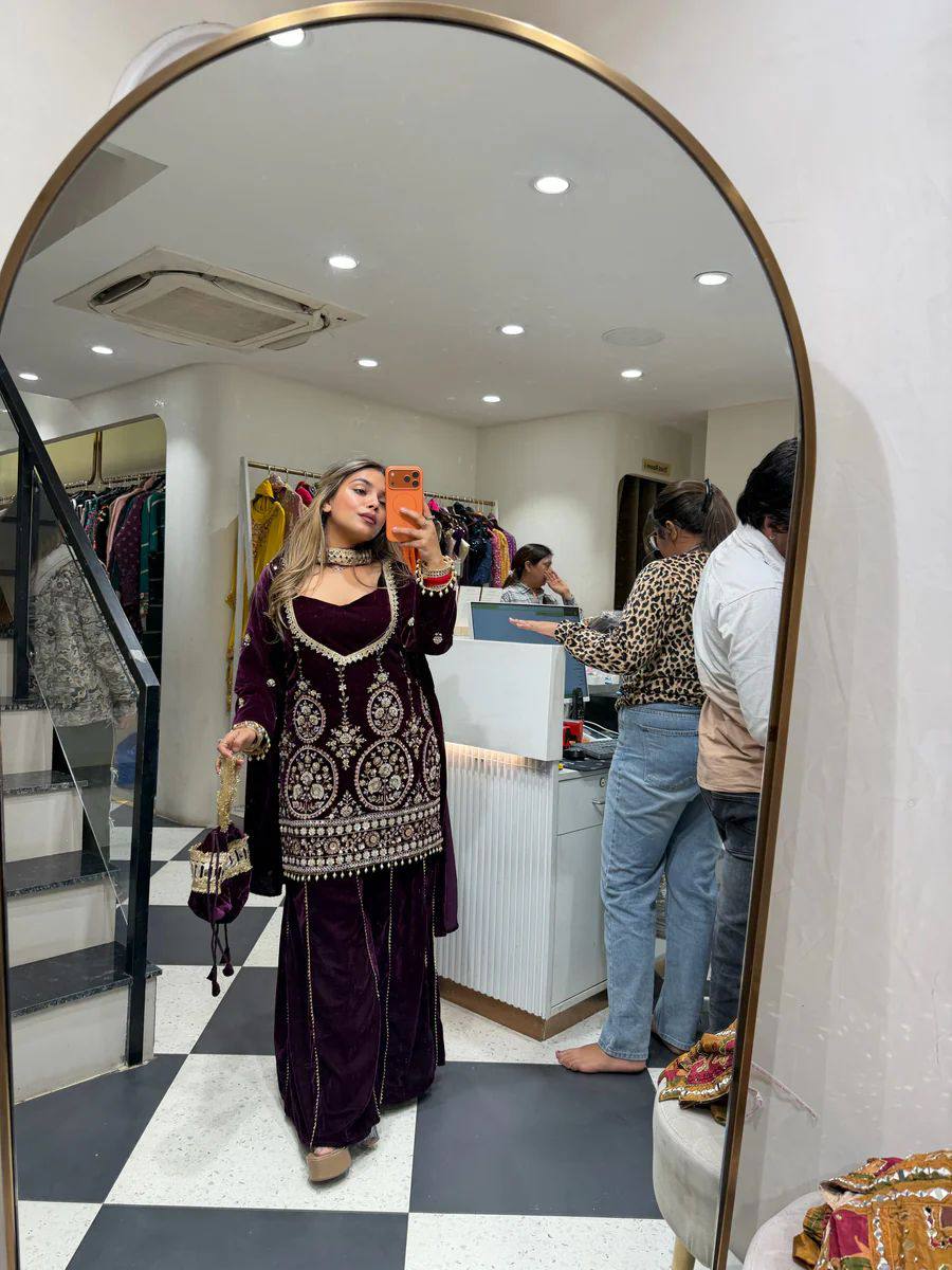 Glimmering Wine Velvet Sequence Embroidery Work Palazzo Suit