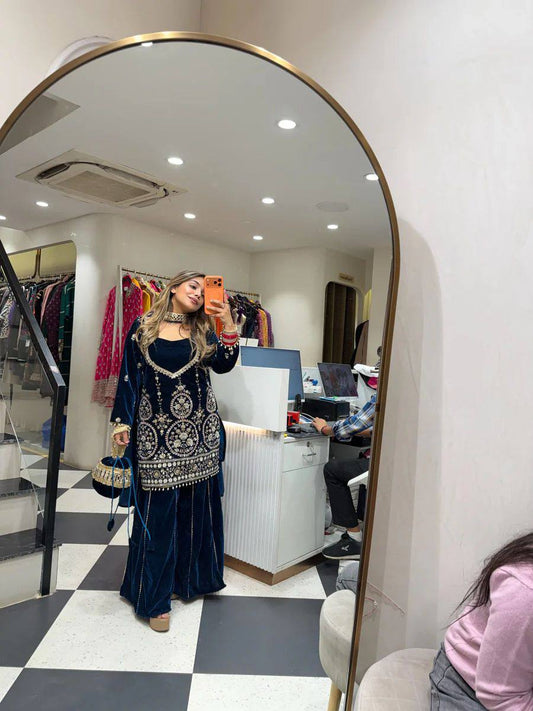 Glimmering Wine Velvet Sequence Embroidery Work Palazzo Suit