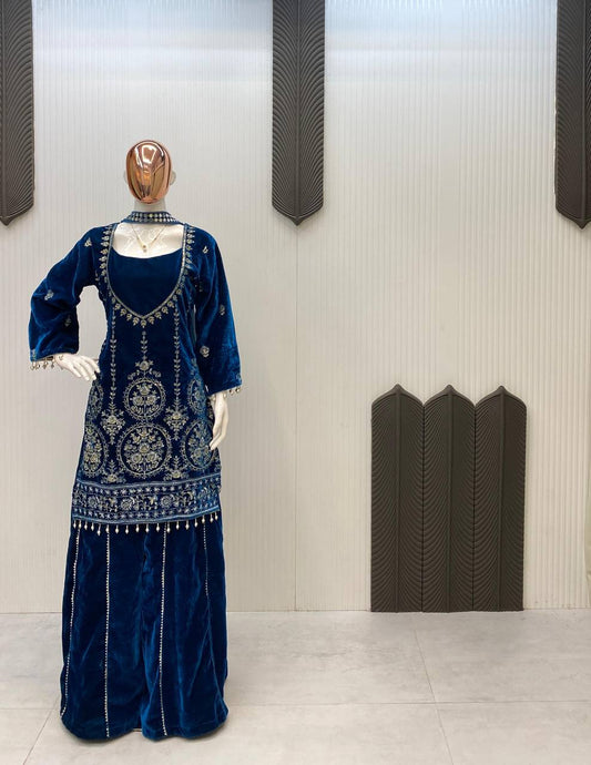 Glimmering Wine Velvet Sequence Embroidery Work Palazzo Suit