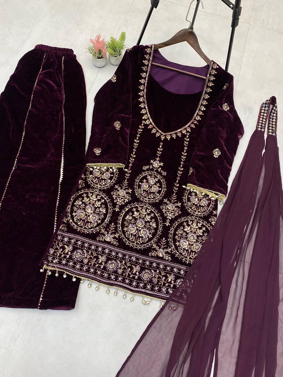 Glimmering Wine Velvet Sequence Embroidery Work Palazzo Suit