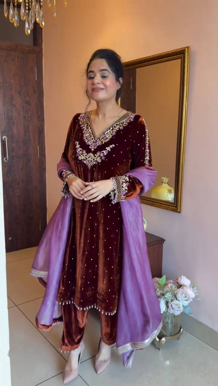 Gorgeous Purple Velvet Sequence Work Sharara Suit