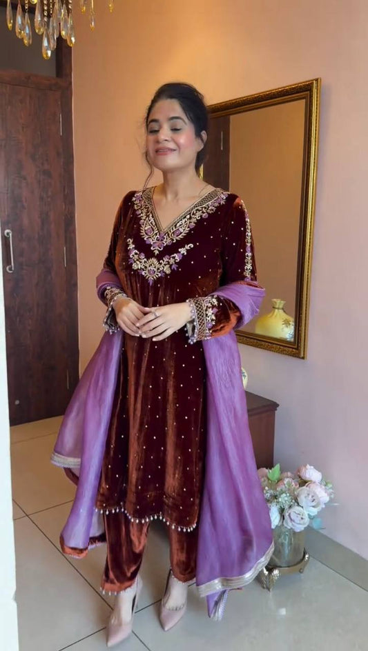 Gorgeous Purple Velvet Sequence Work Sharara Suit