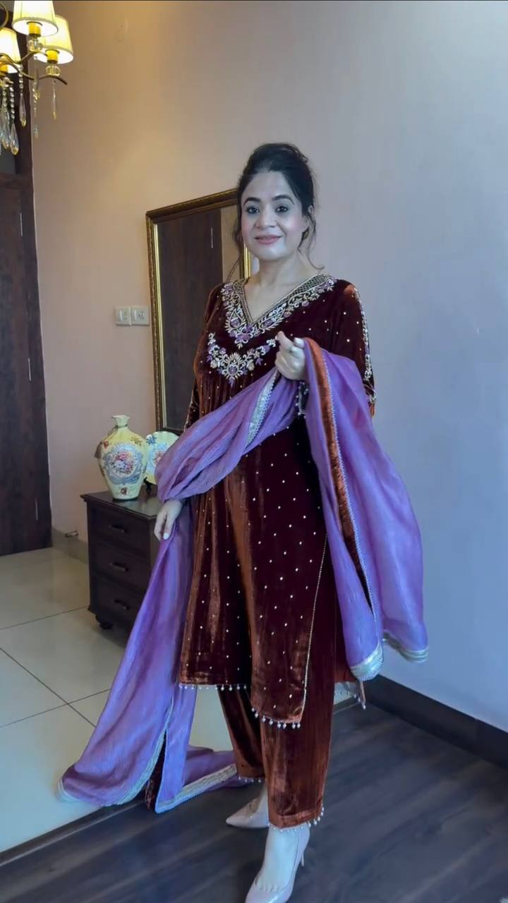 Gorgeous Purple Velvet Sequence Work Sharara Suit