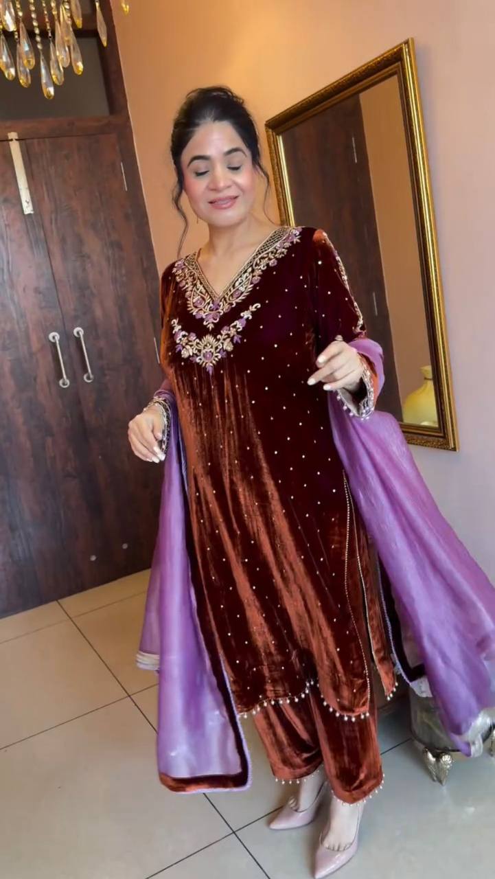 Gorgeous Purple Velvet Sequence Work Sharara Suit
