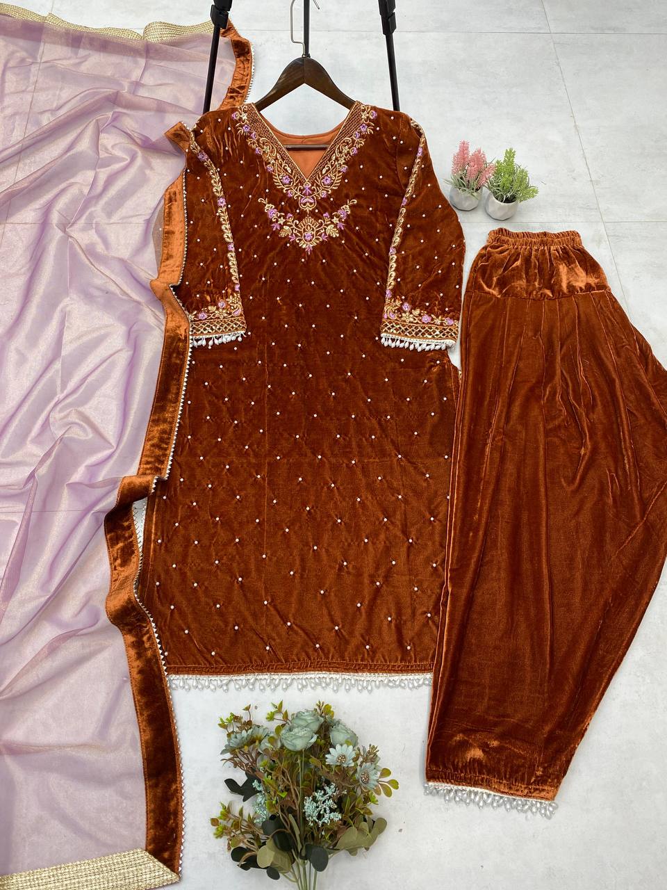 Gorgeous Purple Velvet Sequence Work Sharara Suit