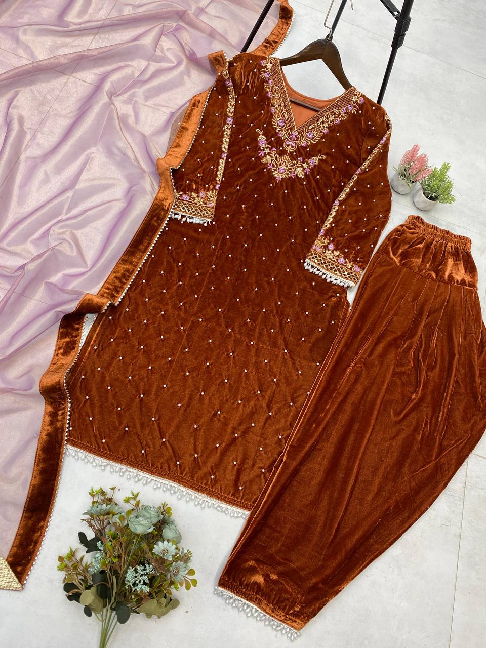 Gorgeous Purple Velvet Sequence Work Sharara Suit