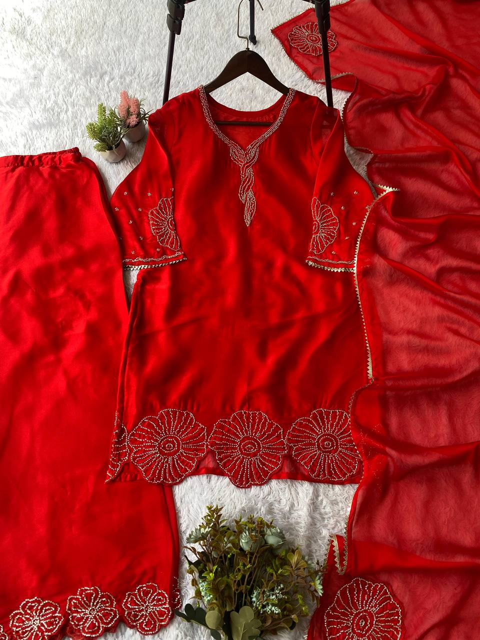 Exclusive Red Rangoli Beads Work Sharara Suit