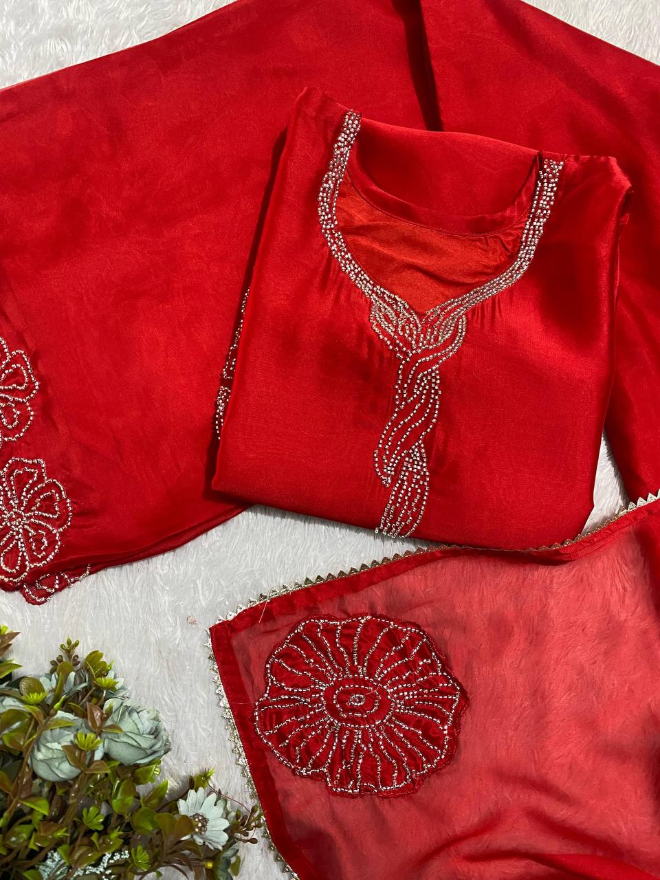 Exclusive Red Rangoli Beads Work Sharara Suit