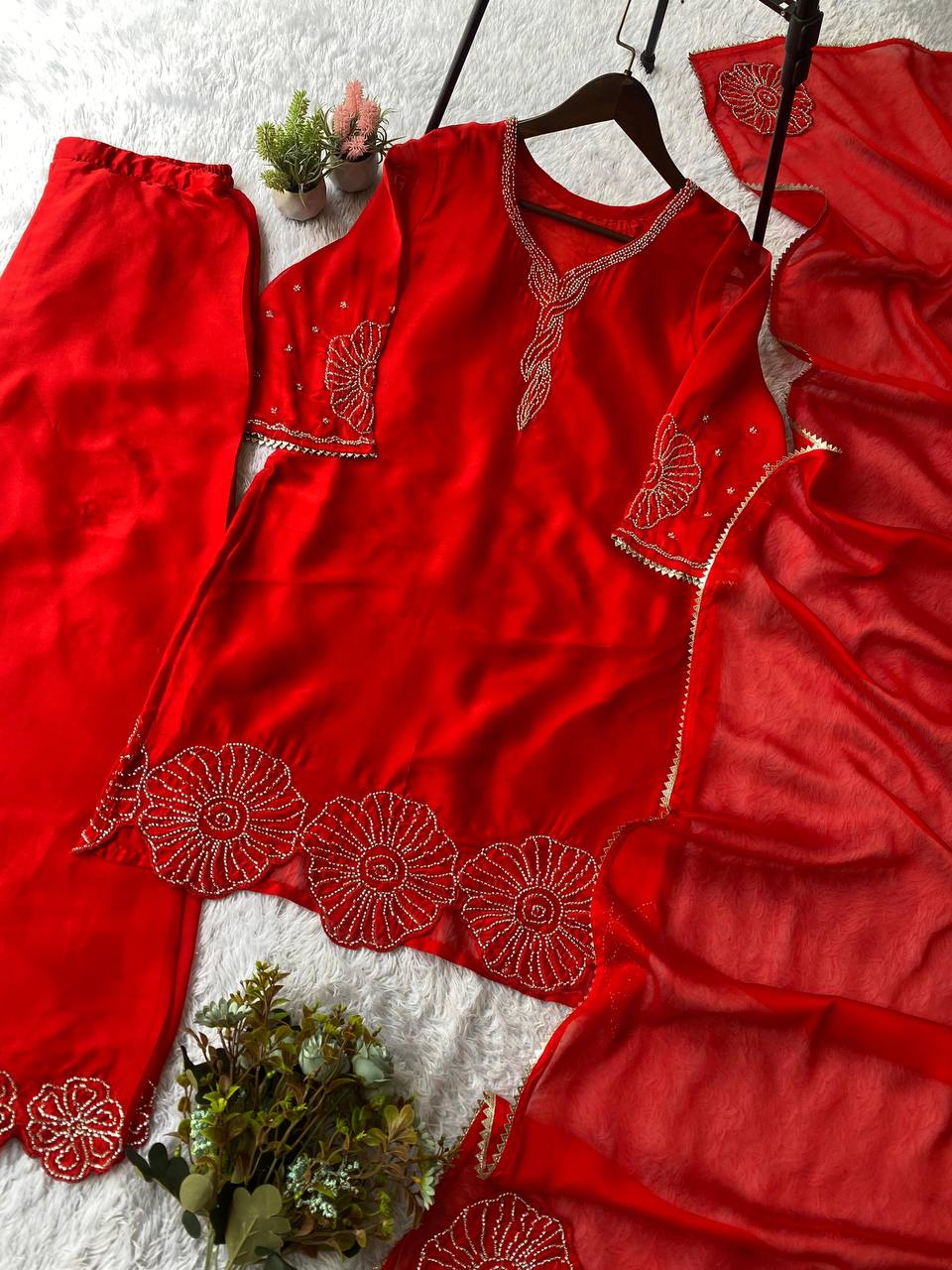 Exclusive Red Rangoli Beads Work Sharara Suit