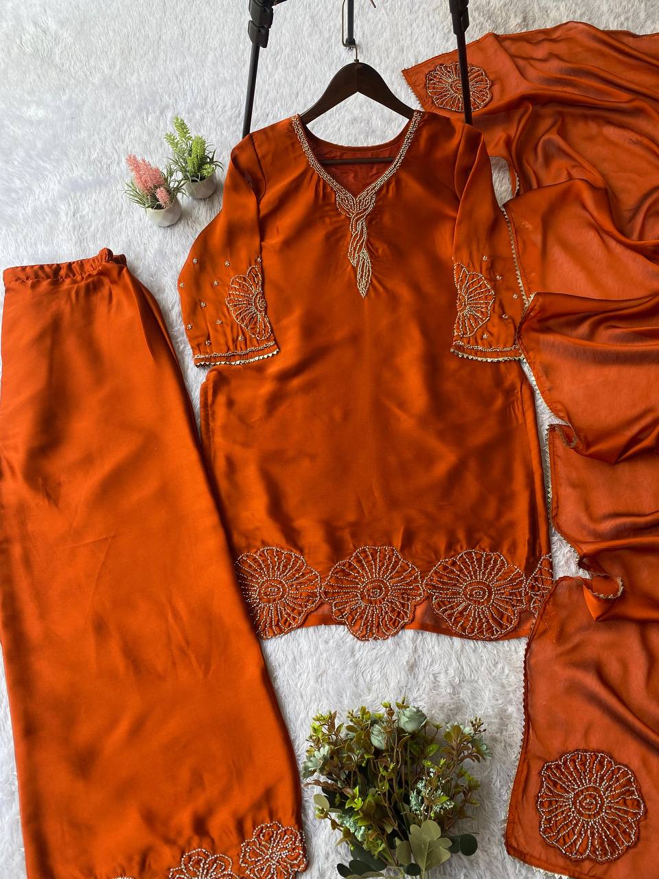Exclusive Red Rangoli Beads Work Sharara Suit