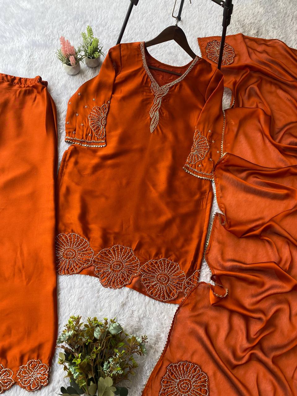 Exclusive Red Rangoli Beads Work Sharara Suit