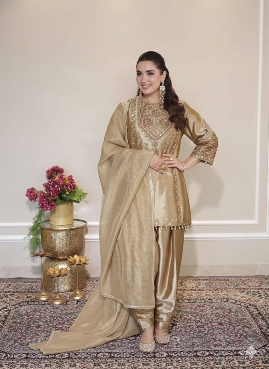 Stylish Golden Rangoli Fabric with Beads Work Sharara Suit