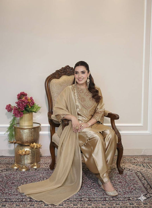 Stylish Golden Rangoli Fabric with Beads Work Sharara Suit