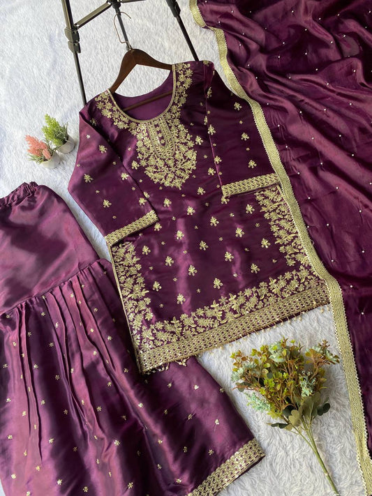 Elegant Maroon Silk with Sequence Embroidery Sharara Suit