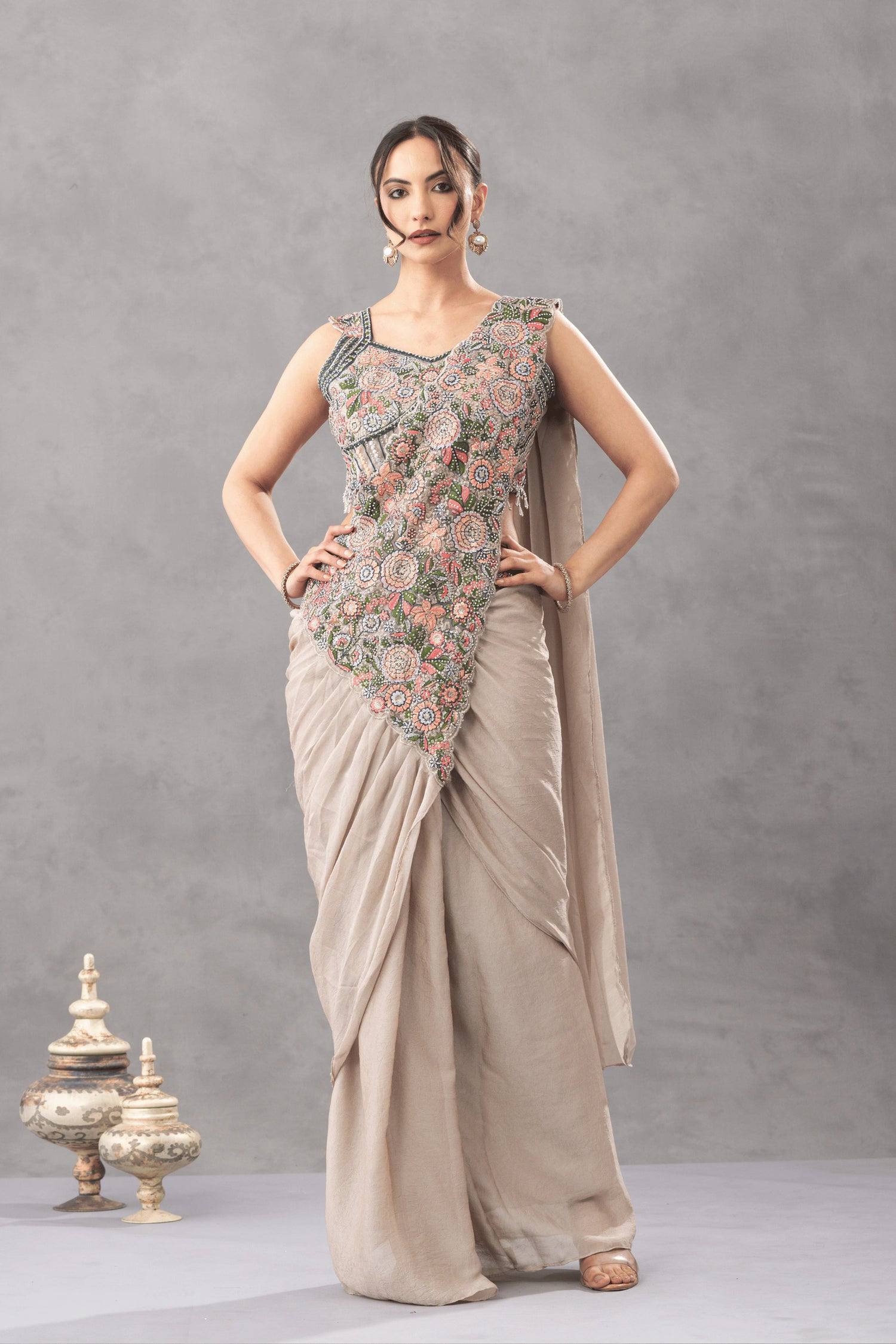 Designer Chinon Ready-to-Wear Drape Saree with Embroidered Blouse