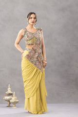 Designer Chinon Ready-to-Wear Drape Saree with Embroidered Blouse