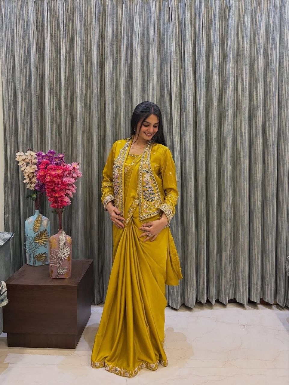 Meher Crep Satin Jacket Saree Set