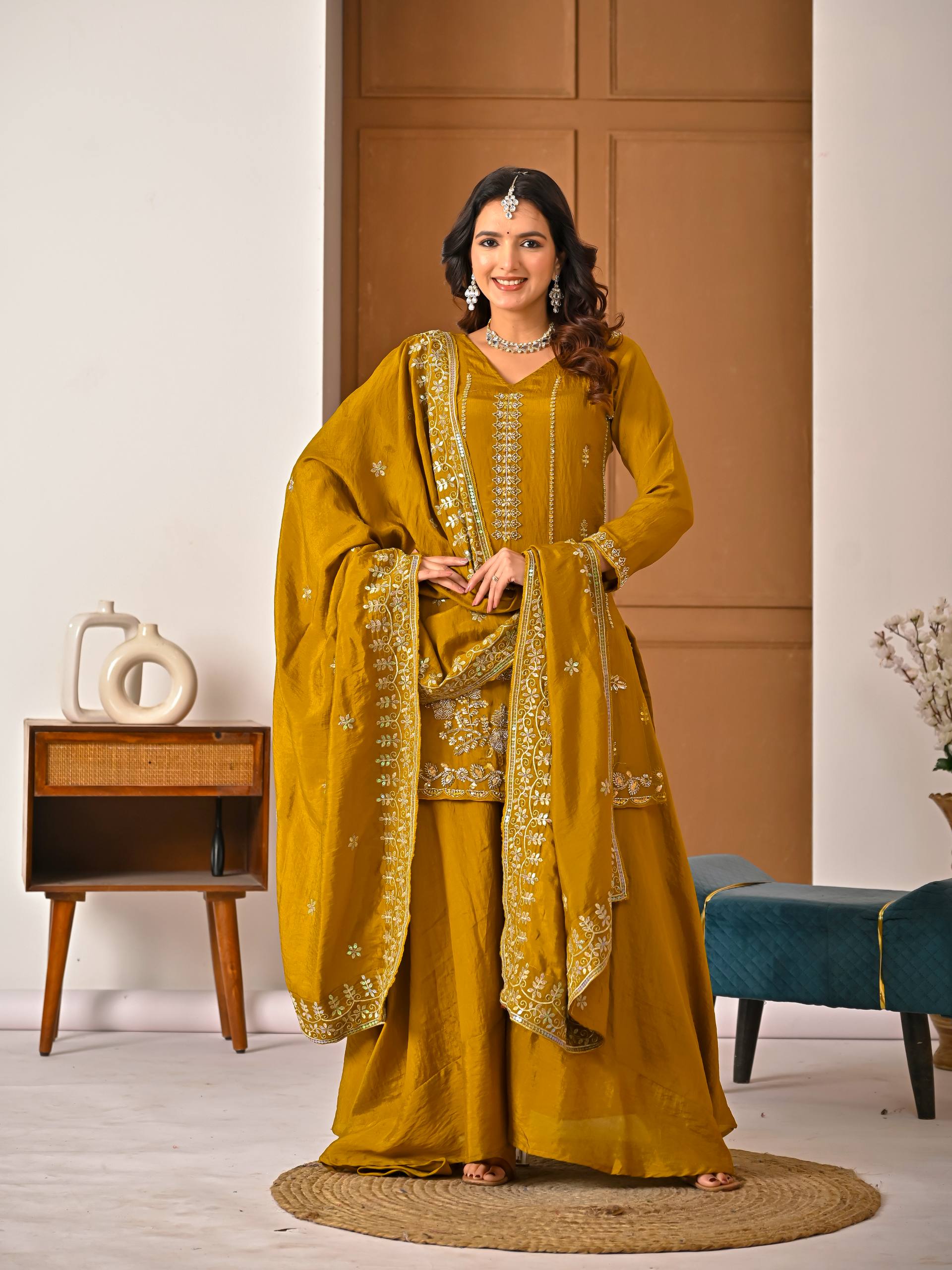 Designer Vichitra Silk Sharara Set with Handwork Detailing