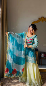 Royal Teal Kurti with Flowing Sharara & Designer Dupatta