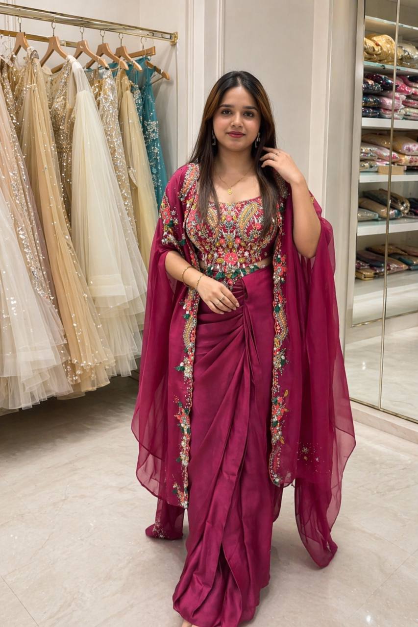 Designer 3-Piece Indo-Western Set – Shrug, Dhoti & Blouse with Sequence Embroidery & Tassels