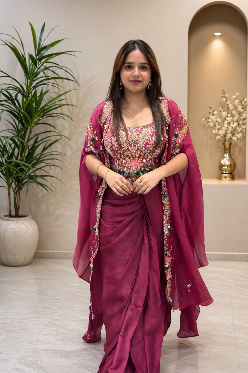 Designer 3-Piece Indo-Western Set – Shrug, Dhoti & Blouse with Sequence Embroidery & Tassels